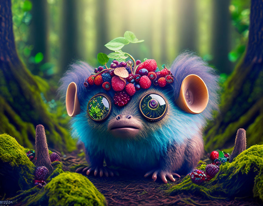 Blue creature with berries and leaves in mossy forest under light beams.