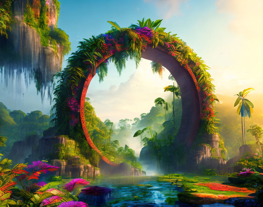 Fantastical landscape with lush archway, waterfalls, and tropical flora