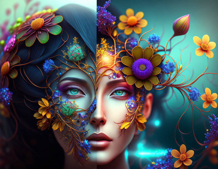 Dual-faced woman digital artwork with floral hair adornment