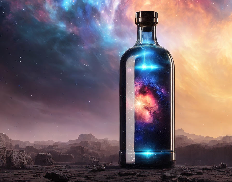 Glass bottle with swirling galaxy on rocky alien landscape