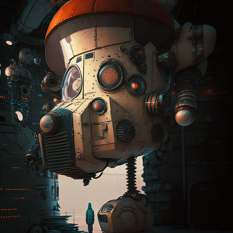 Orange spherical head robot in dimly lit mechanical setting