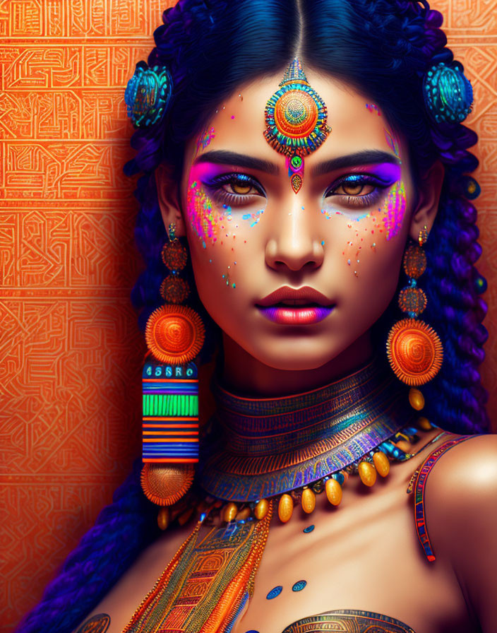 Colorful Tribal Jewelry Adorns Woman in Vibrant Portrait