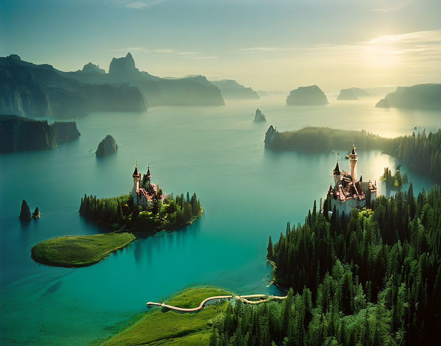 Tranquil lakescape with castle on island at sunset