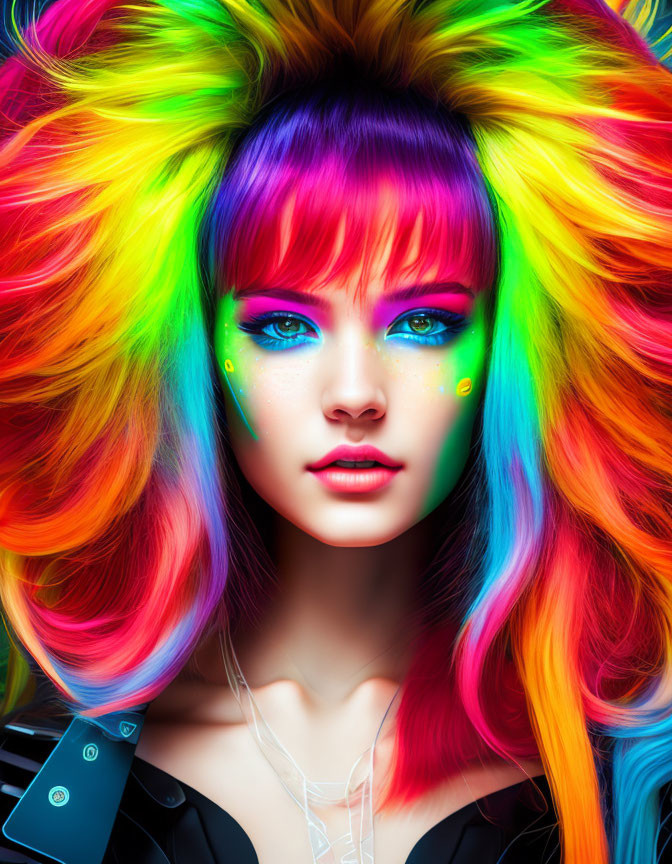 Colorful portrait of a person with rainbow hair and blue eyes