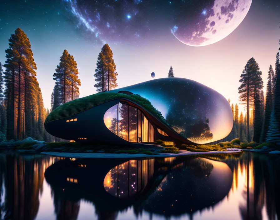 Curved futuristic house in forest by reflective water under starry sky