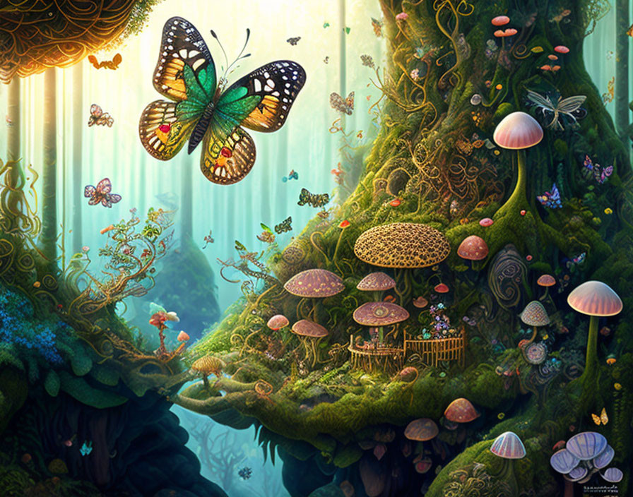 Enchanting forest scene with oversized mushrooms, butterflies, bioluminescent plants, and dreamlike