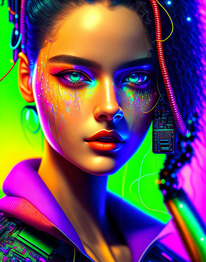 Portrait of a Woman with Cybernetic Elements and Neon Colors