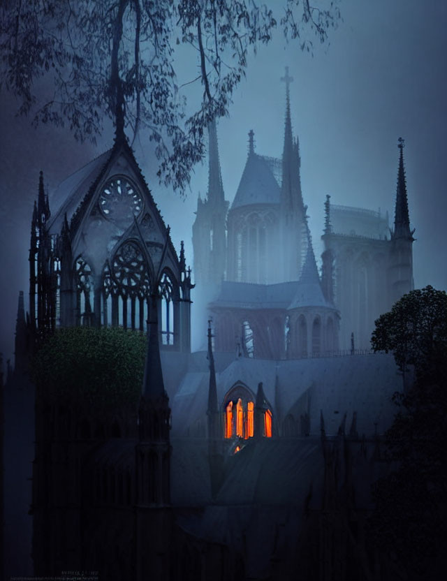 Gothic cathedral in fog with glowing window creates eerie atmosphere