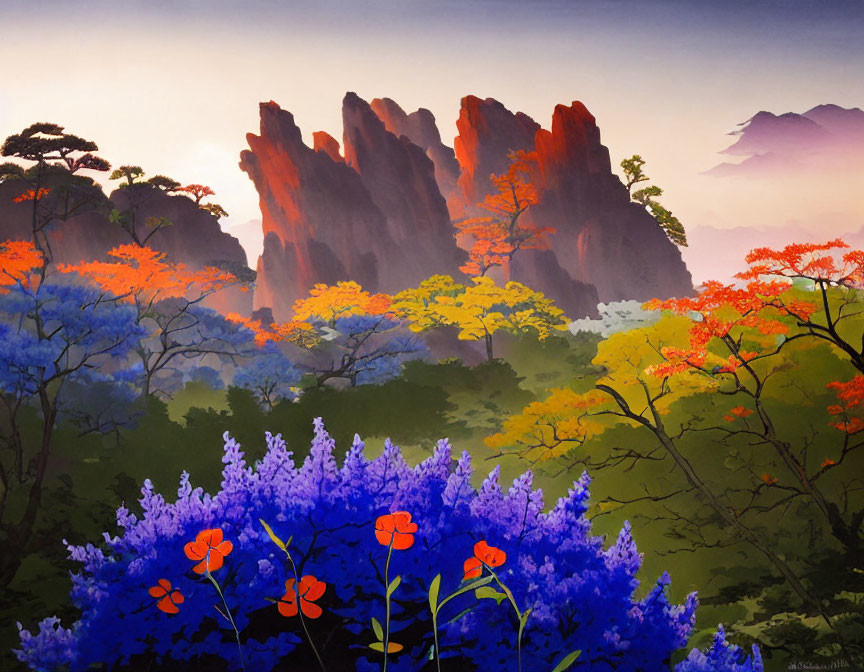 Majestic red mountains and lush autumn trees in vibrant landscape art