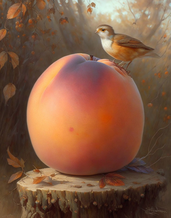 Small bird perched on giant peach in autumn setting