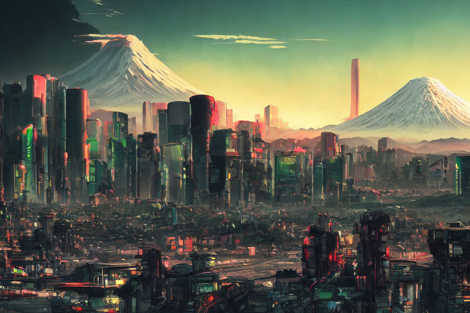 Futuristic cityscape with skyscrapers and snowy mountains in greenish sky