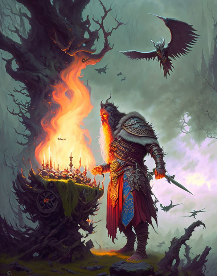 Fantasy warrior in armor with sword by fiery magical tree and dragon-like creature.