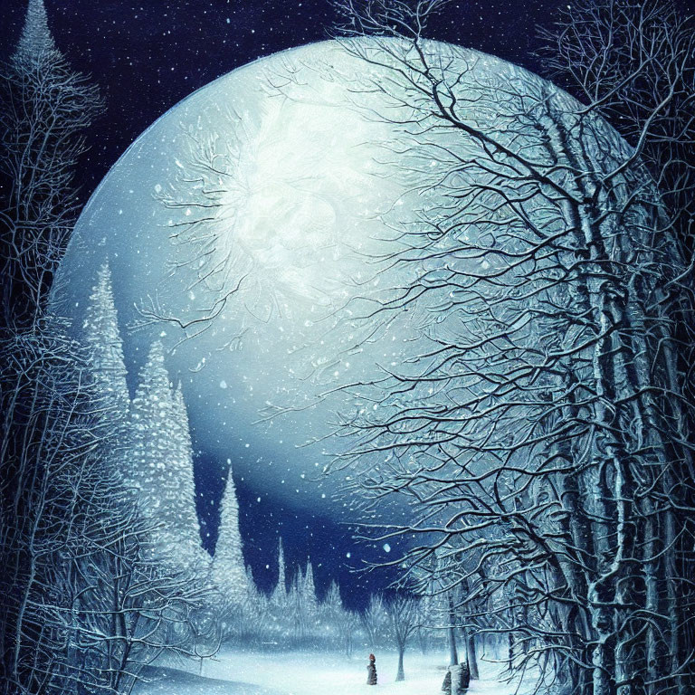 Snowy Night Landscape with Moonlit Trees and Figure