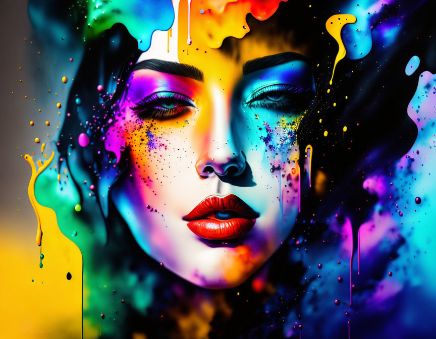 Colorful digital portrait of a woman with melting colors and splattered paint effects