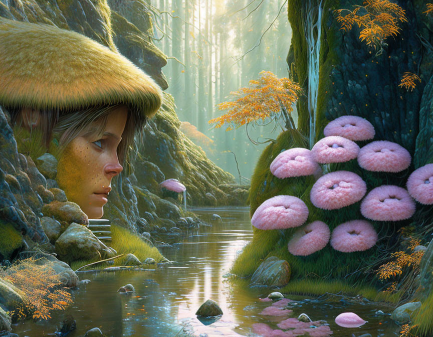 Person in Mushroom Cap Surrounded by Lush Greenery and Vibrant Mushrooms