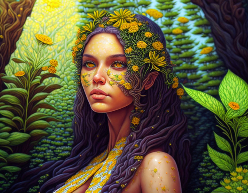 Digital art portrait of woman with botanical elements and vibrant green foliage and yellow flowers.