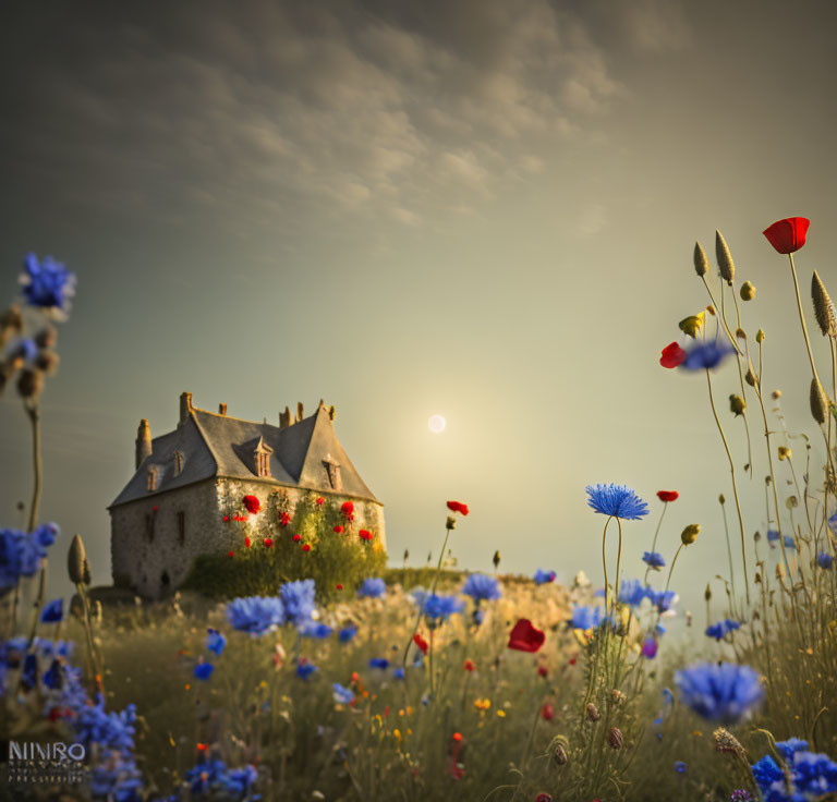 Stone house in vibrant wildflower meadow under hazy sky