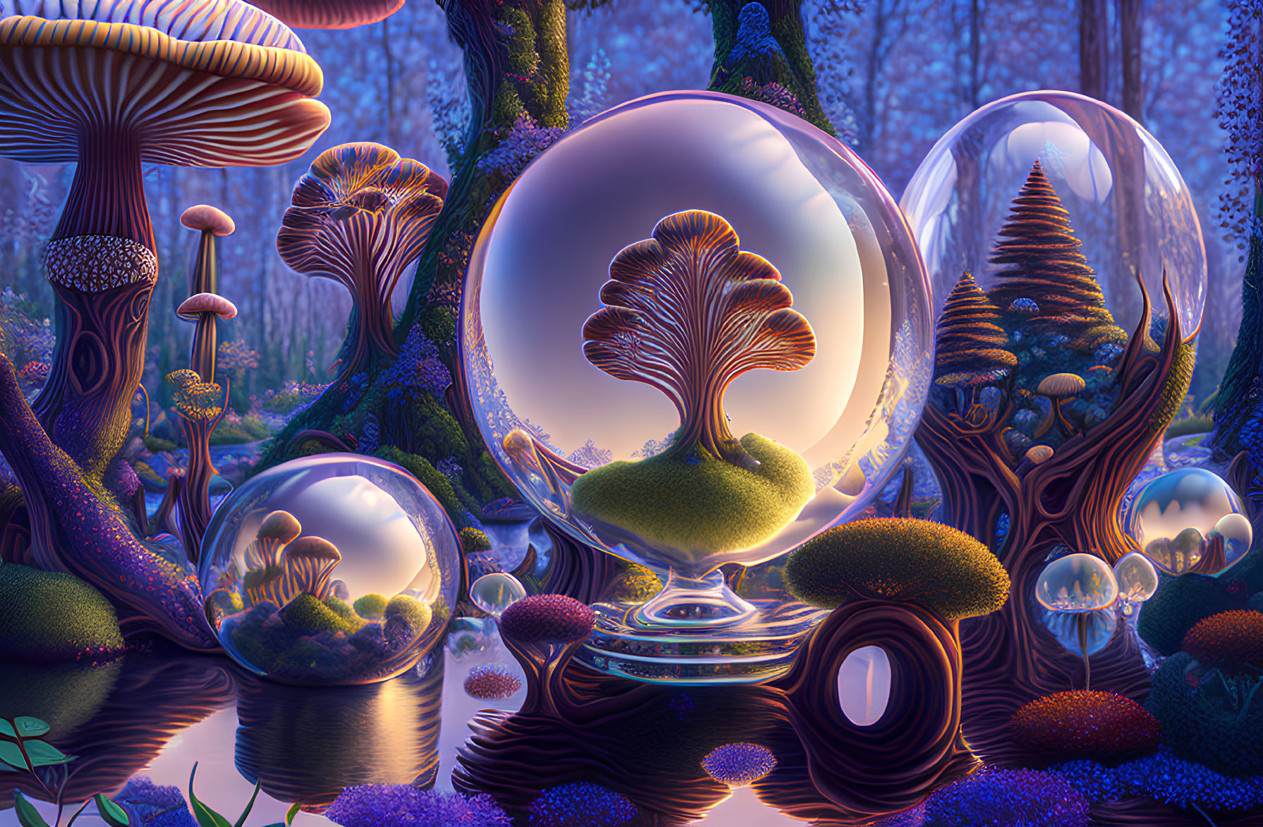 Vibrant mushrooms and reflective bubbles in surreal forest scene