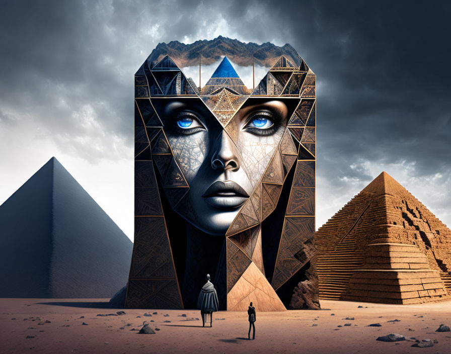 Giant metallic pharaoh face in surreal pyramid landscape