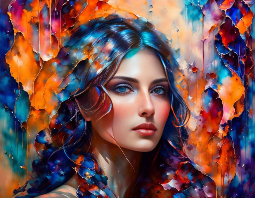 Colorful paint splashes merge with woman's portrait on blue background