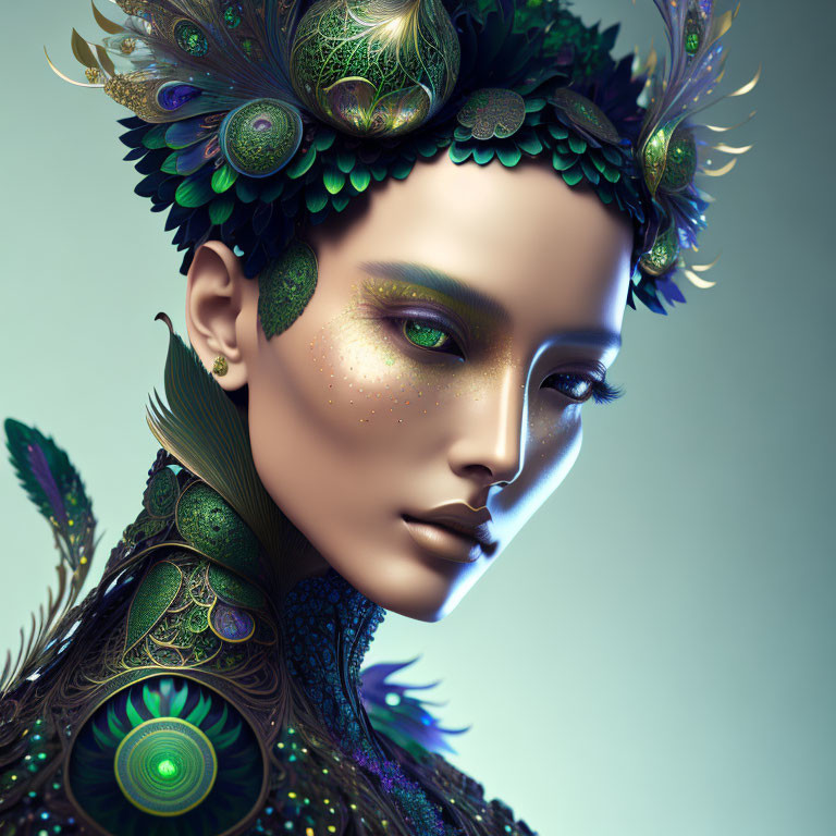 Woman with Peacock Feather Makeup and Headdress in Digital Art