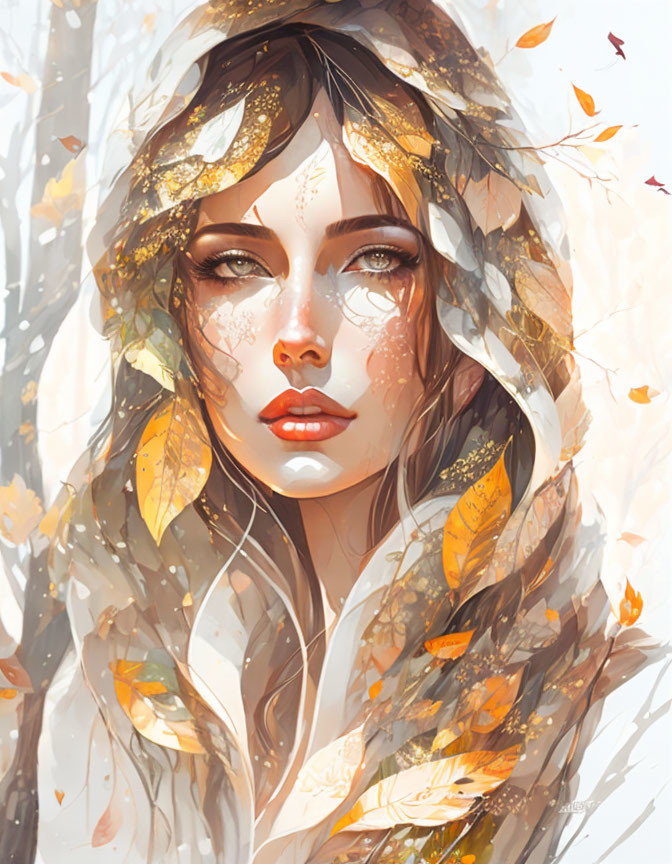 Portrait of woman blended with autumn elements and golden leaves in warm light