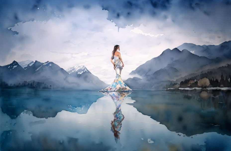 Woman in flowing dress by tranquil mountain lake with reflection in water