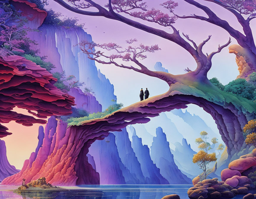 Fantastical landscape with two people on oversized tree branch