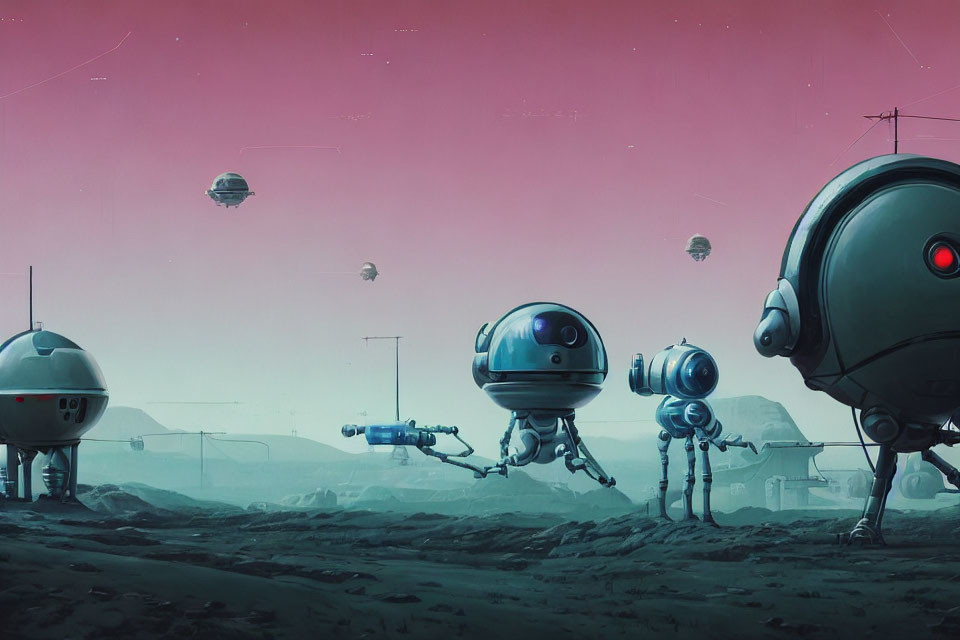 Futuristic robots on alien planet with pink skies and spacecraft.