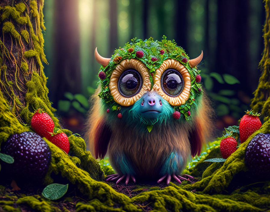 Enchanting forest creature with large eyes and horns in mossy woods