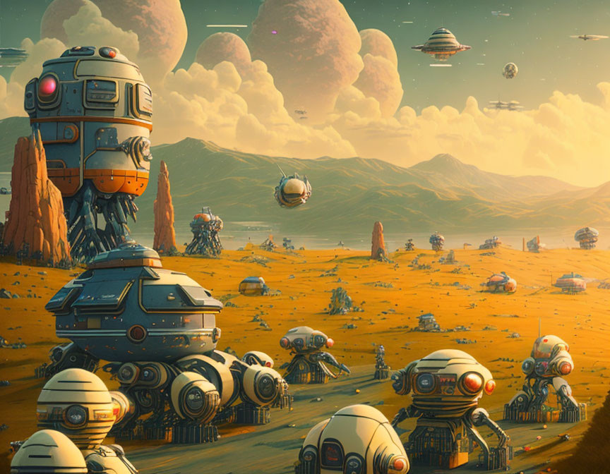 Sci-fi landscape with robots, spaceships, and towering rock formations