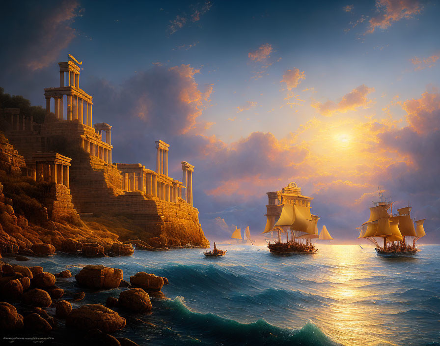 Sunset over ancient coastal city with classical architecture and sailing ships.