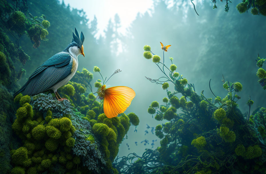 Vibrant bird and butterfly in misty forest scene