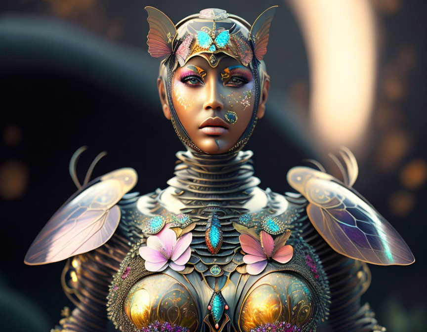 Digital artwork: Woman in metallic armor with floral and insect motifs, accompanied by fairy creature