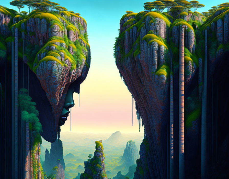 Fantastical landscape with towering cliff faces and lush greenery