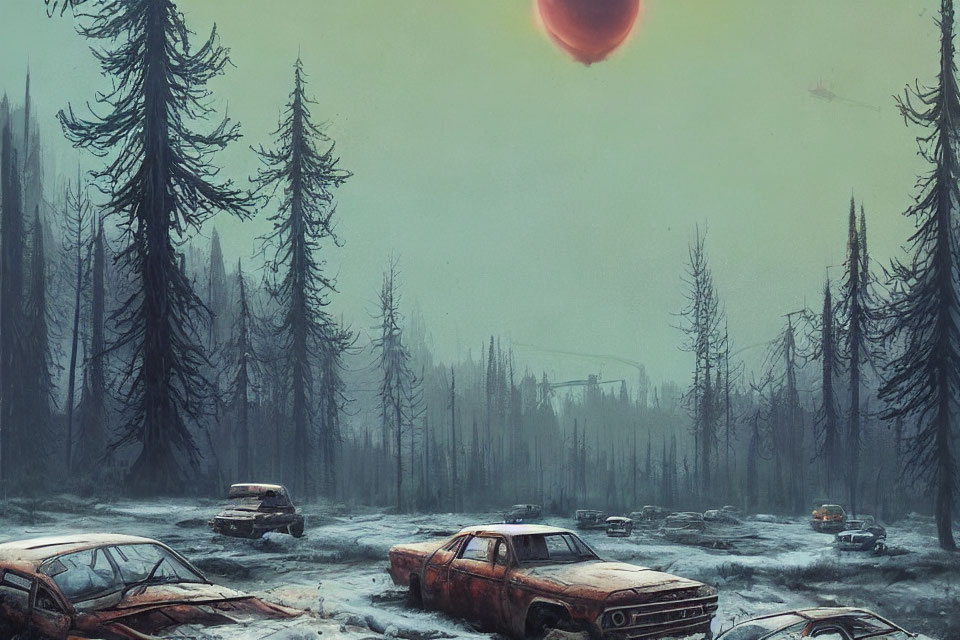 Abandoned cars in snowy forest under red moon