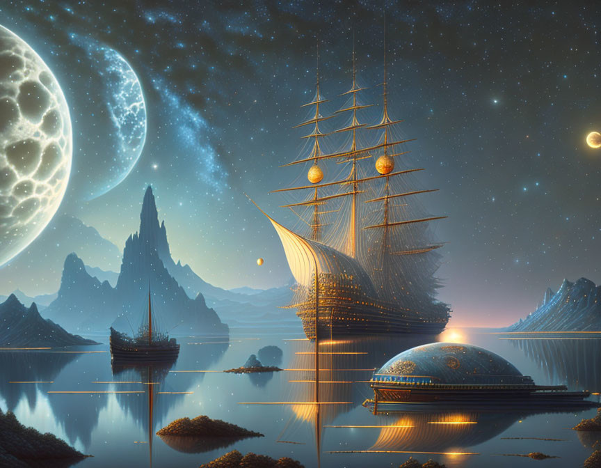 Nighttime seascape with tall ship, glowing orb, and multiple moons over tranquil waters.