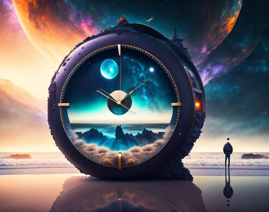 Surreal scene: circular portal with clock face, ocean, stars, planets, solitary figure