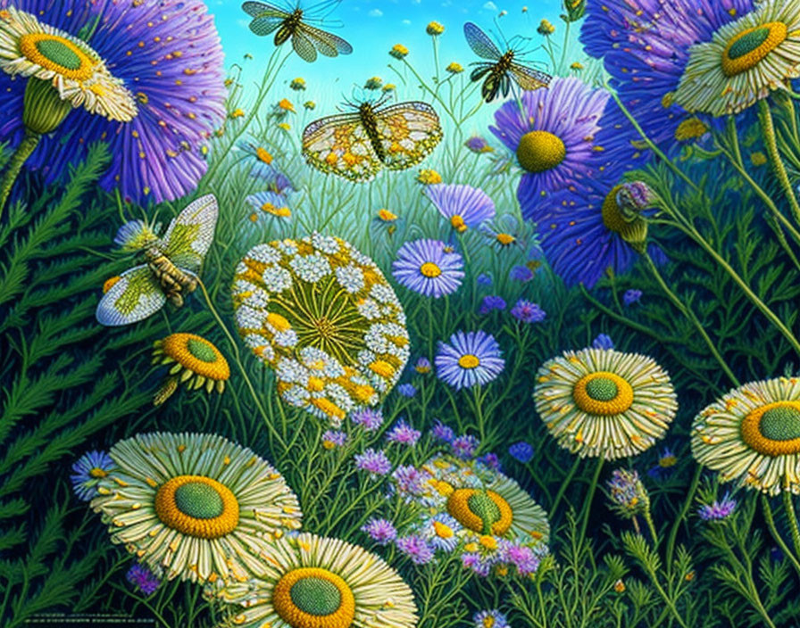 Colorful garden scene with blue and yellow flowers, daisies, and butterflies in intricate wing patterns