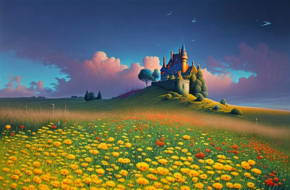 Majestic castle in vibrant fantasy landscape