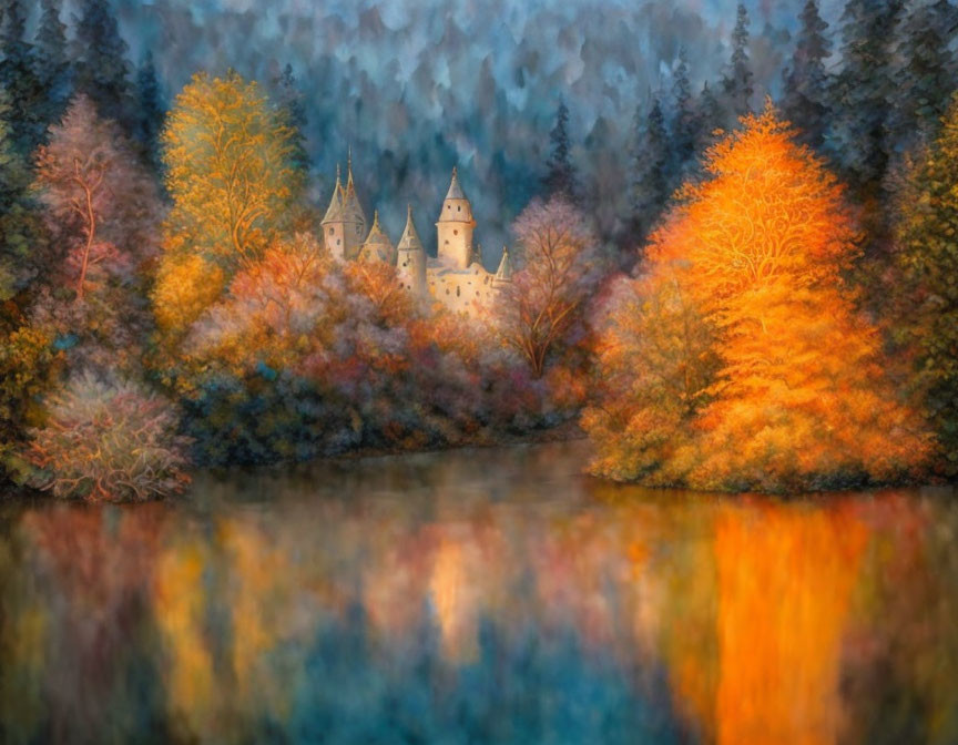 Autumnal scene: reflective lake, castle, vibrant trees, hazy sky