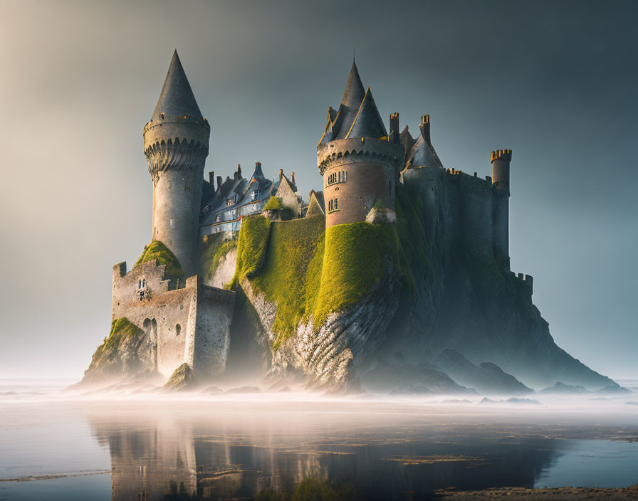 Mystical castle on lush hill, surrounded by mist and dramatic sky