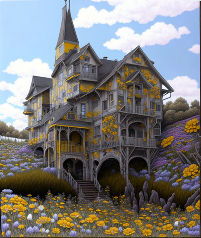 Victorian-style Mansion in Field of Purple and Yellow Flowers