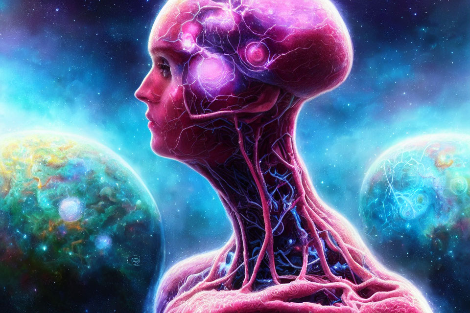 Digital artwork: Human profile with exposed brain in cosmic background