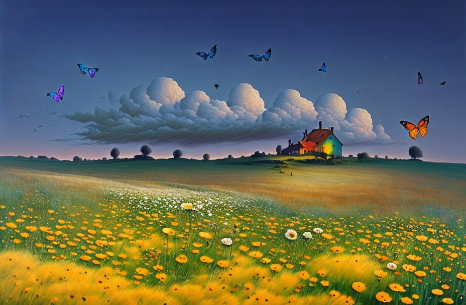 Vibrant house on hill with fluffy clouds and butterflies