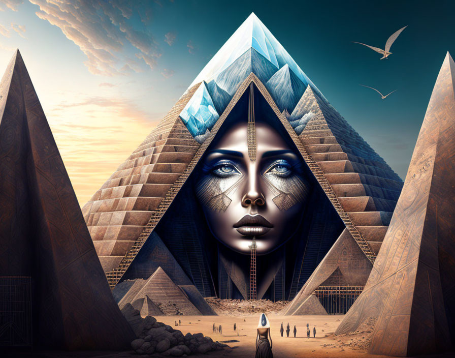 Surreal image: Pyramid structures with giant blue-faced woman merged, split day-night sky