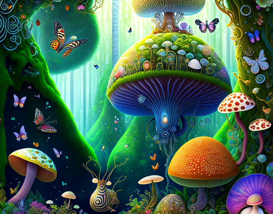 Enchanting forest scene with colorful mushrooms and butterflies