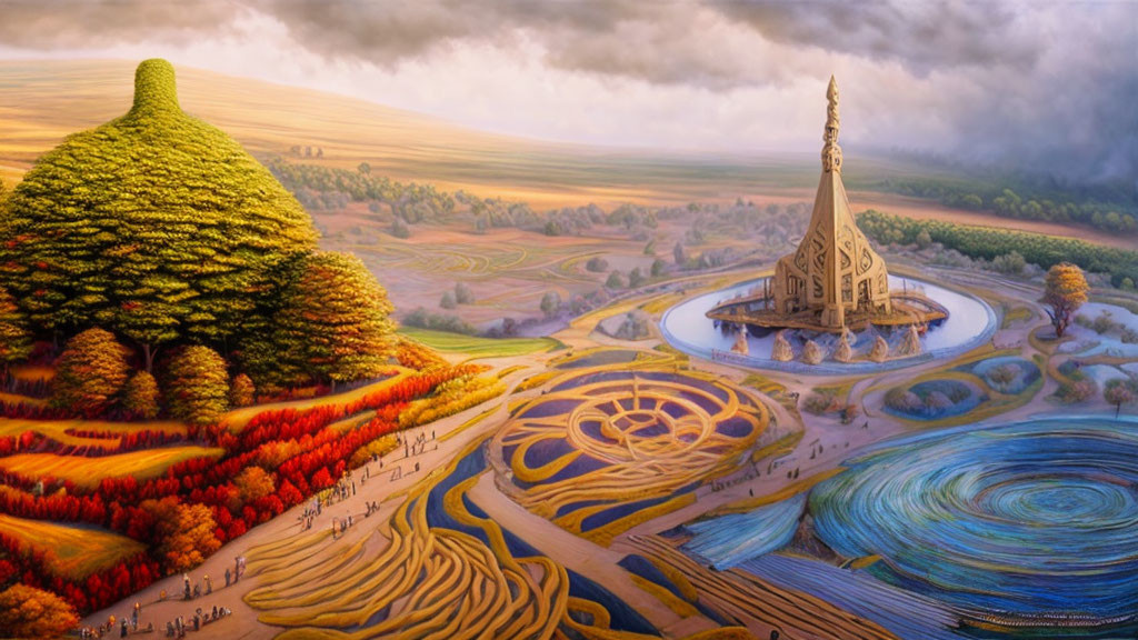 Colorful fantasy landscape with whimsical castle, patterned fields, river, and autumn tree