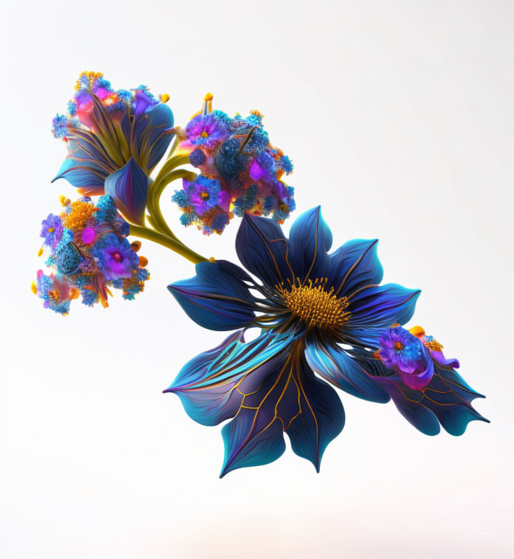 Vibrant surreal flower with blue petals and golden highlights