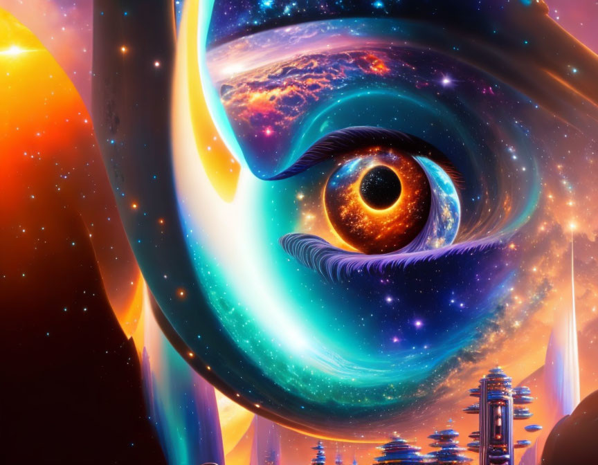 Vibrant galaxy reflected in surreal cosmic eye's gaze